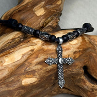 Christliche handgemachte verzierte Kreuz Lederkette & Edelstahlperlen | Damen & Herren | HANA LIMA