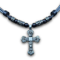 Schwarze, handgefertige Leder Halskette mit Kreuz und Edelstahlperlen | Damen & Herren | HANA LIMA