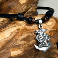 Handgemachte Surfer Lederkette Anker mit Drachenboot | Damen und Herren | HANA LIMA Schmuck Vikings