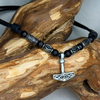 Handgemachte Surfer Lederkette Thorshammer mit Edelstahlperlen | Wikinger Schmuck | Damen & Herren