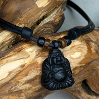 Schwarze handgemachte Surferkette Lachender Buddha | Männer & Frauen | HANA LIMA Yoga Mantra Kette