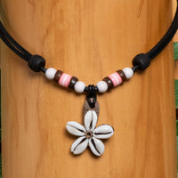Damen Blumen Halskette Muschel Lederkette Hawaii Surfer Schmuck - Modell 1518, stufenlos anpassbare Grösse, handgefertigt