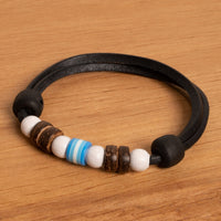 Surf Style Armband Perle blau Herren Damen Leder Armbänder - Modell 2464, stufenlos anpassbare Grösse, handgefertigt