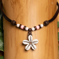 Damenkette Muschel Blume Lederkette Hawaii Surfer Kette Schmuck - Modell 1512, stufenlos anpassbare Grösse, handgefertigt